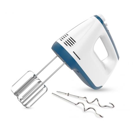 Mixer de mana Heinner HM-400BL, 400W, 2 teluri si 2 carlige din inox, 6 viteze + turbo, Alb/albastru