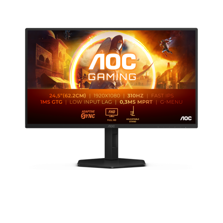 Monitor AOC 24.5" 25G4SXU, Diagonal (inch): 24.5, Diagonal (cm): 62.2, Aspect ratio: 16:9, Panel: IPS, Resolution: 1920x1080, Refresh Rate: 310Hz, Response time GtG: 1ms, Response time MPRT: 0.3ms, Brightness (max): 400 cd/m², Contrast (static) : 1000:1, Viewing angle: 178/178, Color Gamut Type