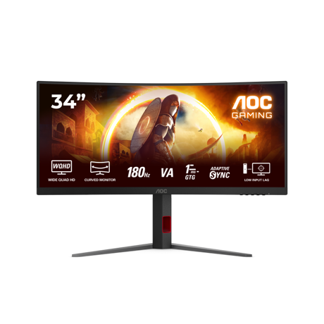Monitor AOC 34" CU34G4, Curvature: 1500R, Diagonal (inch): 34, Diagonal (cm): 86, Aspect ratio: 21:9, Panel: VA, Resolution: 3440x1440, Refresh Rate: 180Hz, Response time GtG: 1ms, Response time MPRT: 0.5ms, Brightness (max): 300 cd/m², Contrast (static) : 2500:1, Viewing angle: 178/178, Color Gamut