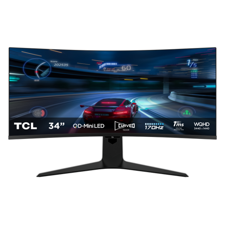Monitor TCL 34" 34R83Q, Curvature: 1500R, Diagonal (inch): 34, Diagonal (cm): 86, Aspect ratio: 21:9, Panel: QD-Mini LED, Resolution: 3440x1440, Refresh Rate: 170Hz, Response time GtG: 1ms, Brightness (max): 1600 cd/m², Contrast (static) : 4000:1, Viewing angle: 178/178, Color Gamut Type: DCI-P3