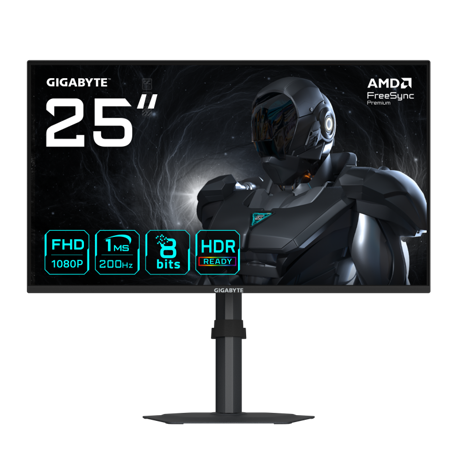 Gigabyte Monitor gaming 24.5" G25F2, Non-glare, Rezolutie: 1920 x 1080 (FHD), Luminozitate: 300 cd/m2 (TYP), Contrast: 1000:1, Unghi vizualizare: 178°(H)/178°(V), Culori: 16.7M, Timp raspuns: 1ms (GTG), Refresh rate: 200Hz, HDR 10, Interfata: 2 x HDMI 2.0, 1 x Displayport 1.4, 1 x Earphone Jack