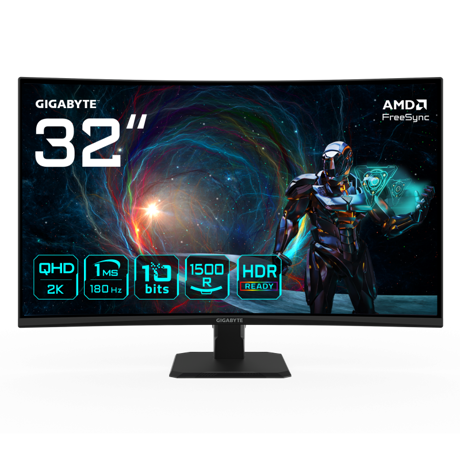 Gigabyte Monitor gaming 31.5" GS32QCA, Non-glare, Rezolutie: 2560 x 1440 (QHD), Luminozitate: 250 cd/m2 (TYP), Contrast: 3500:1, Unghi vizualizare: 178°(H)/178°(V), Culori: 1.07B, Timp raspuns: 1ms, Refresh rate: 180Hz, HDR Ready, Flicker-free, Interfata: 2 x HDMI 2.0, 1 x Displayport 1.4, 1 x