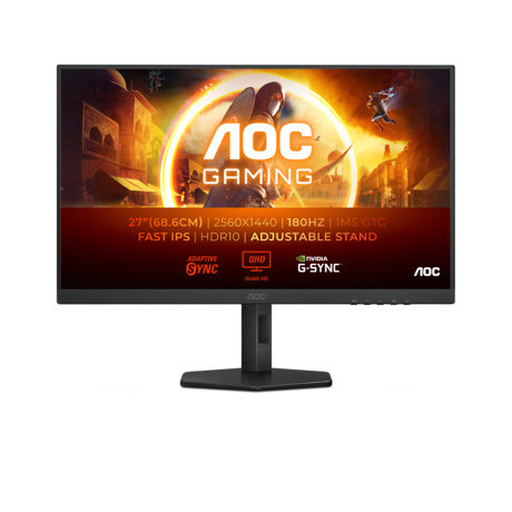 Monitor AOC 27" Q27G4XF, Diagonal (inch): 27, Diagonal (cm): 69, Aspect ratio: 16:9, Panel: IPS, Resolution: 2560x1440, Refresh Rate: 180Hz, Response time GtG: 1ms, Response time MPRT: 0.5ms, Brightness (max): 300 cd/m², Contrast (static) : 1000:1, Contrast (dynamic): 80M:1, Viewing angle: 178/178