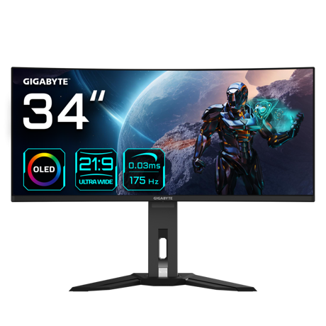 Gigabyte MO34WQC gaming monitor diagonala 34", 800.06 x 337.06 mm, OLED, Anti-Reflection, Rezolutie: 3440 x 1440 (WQHD), Luminozitate: 250 cd/m2, Contrast: 1.5M:1, Unghi vizualizare: 178°(H)/178°(V), Timp raspuns: 0.03ms GTG, Refresh rate: 175Hz, Flicker-free, Interfata: 2 x HDMI, 1 x Displayport, 1