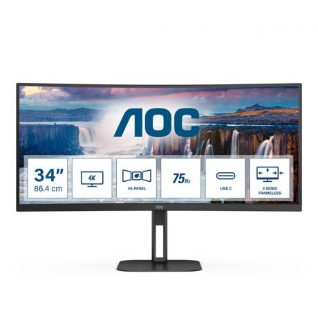 MONITOR AOC CU34V5C/BK 34 inch, Panel Type: VA, Backlight: WLED, Curvature: 1500R, Resolution: 3440x1440, Aspect Ratio: 21:9,  Refresh Rate:100Hz, Response time GtG: 4 ms, Brightness: 300 cd/m², Contrast (static): 3000:1, Contrast (dynamic): 20M:1, Viewing angle: 178/178, Colours: 16.7M, 5Wx2