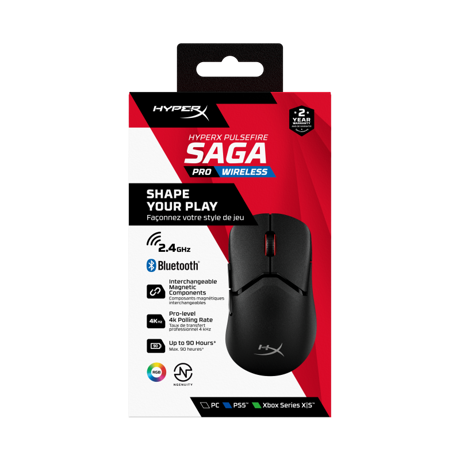 Mouse wireless HP Hyperx Pulsefire Saga Pro, rezolutie 26000 dpi, 6 butoane, HyperX 26K Sensor, Iluminare RGB, baterie 450mAh Li-ion, Autonomie 90 ore, negru