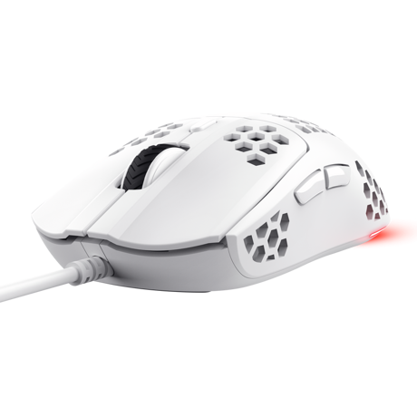 Mouse cu fir Trust GXT 928W Helox, rezolutie maxima 6400 DPI, 6 butoane, interfata USB-A, alb