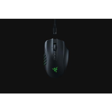 Mouse Razer Naga V2 PRO  Connectivity       Razer HyperSpeed Wireless (2.4GHz)     Bluetooth     Wired – Speedflex Cable USB Type C  Battery Life       Up to 150 hours (on HyperSpeed Wireless)     Up to 300 hours (on Bluetooth)  RGB Lighting  Razer Chroma RGB (Logo, and 12 button side plate) Sensor