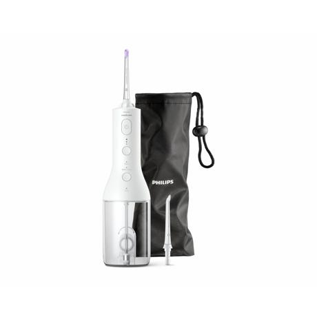 Irigator bucal PHILIPS Sonicare Cordless Power Flosser 3000 HX3826/31, Tehnologie QuadStream, Portabil, 2 moduri de curatare, 3 niveluri de intensitate , 2 x capete de curatare si 1 x husa trasport, Alb, L x A x I (mm) 92x134x247