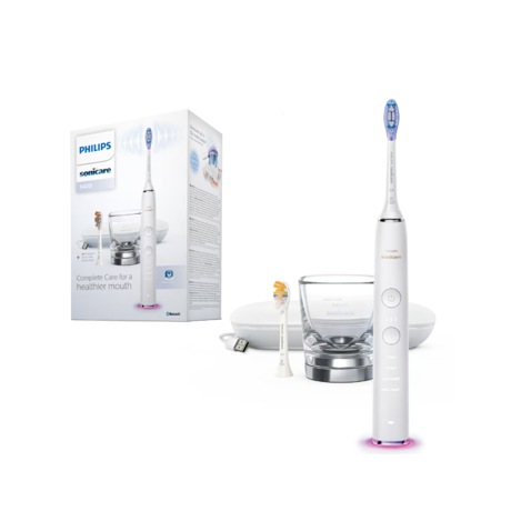 Periuta de dinti sonica electrica Philips Sonicare DiamondClean Smart 9400 HX9917/88, 62000 miscari/minut, 4 moduri de curatare, 3 nivele intensitate, senzor presiune, functia BrushSync, 2 baze cu rol de incarcare, 2 capete de periere, Alb