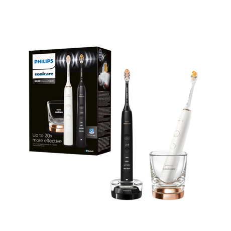 Set de doua periute sonice Philips Sonicare HX9914/69 Diamond Clean 9000 HX9914/69, 4 moduri de periere, 3 intensitati, 1 suport, 1 pahar, alb/negru/auriu