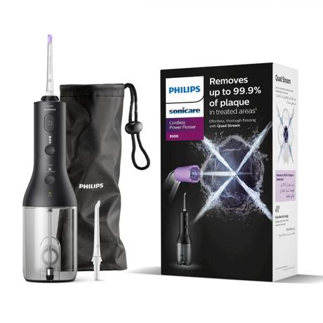 Irigator bucal PHILIPS Sonicare Cordless Power Flosser 3000 HX3826/33, Tehnologie QuadStream, Portabil, 2 moduri de curatare, 3 niveluri de intensitate, 2 x capete de curatare si 1 x husa transport, Negru, L x A x I (mm) 92x134x247