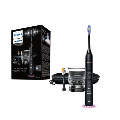 Periuta de dinti sonica electrica Philips Sonicare DiamondClean 9000 HX9917/89, 62000 miscari/minut, 4 moduri de curatare, 3 nivele intensitate, senzor presiune, functia BrushSync, 2 baze de incarcare, 2 capete de periere, aplicatie Sonicare, Negru
