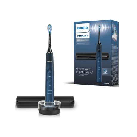 Periuta de dinti electrica Philips Sonicare DiamondClean 9000 HX9911/88, 62000 miscari/min, 4 moduri de curatare, 3 nivele intensitate, senzor presiune, functia BrushSync, aplicatie Sonicare, wireless Bluetooth, toc transport, baza de incarcare, Acvamarin