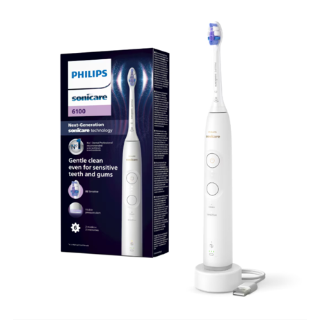 Periuta de dinti electrica Philips Sonicare HX7400/01, 62.000 miscari/minut, autonomie 21 zile, 2 moduri de periere, 3 intensitati, senzor presiune luminos, functia BrushSync, capat de periere Sensitive, alb