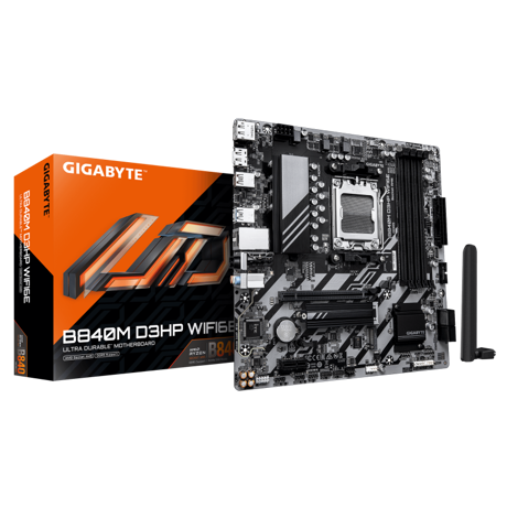 GIGABYTE B840M D3HP WIFI6E. Processor manufacturer: AMD, Processor socket: Socket AM5, Compatible processor series: AMD Ryzen 7000 Series, AMD Ryzen 8000 Series, AMD Ryzen 9000 Series. Supported memory types: DDR5-SDRAM, Maximum internal memory: 256 GB, Memory slots type: DIMM. Supported storage