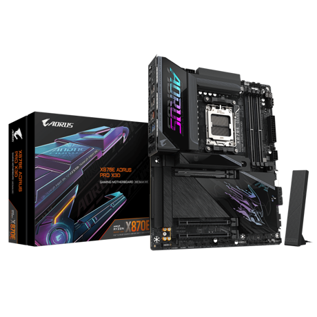 GIGABYTE X870E AORUS PRO X3D. Processor manufacturer: AMD, Processor socket: Socket AM5, Compatible processor series: AMD Ryzen 7000  Series, AMD Ryzen 8000 Series, AMD Ryzen 9000 Series. Supported memory types: DDR5-SDRAM, Maximum internal memory: 256 GB, Memory slots type: DIMM. Supported storage