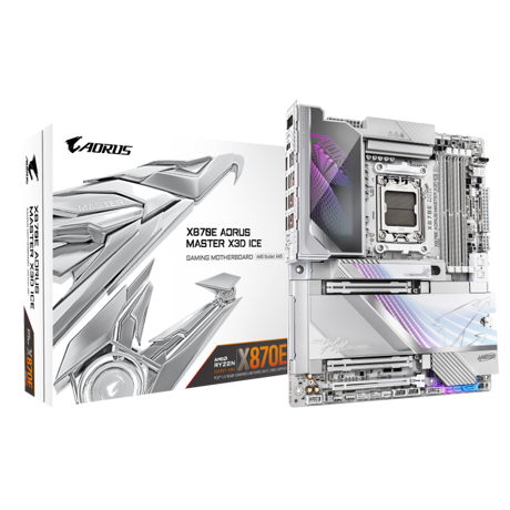 GIGABYTE X870E AORUS MASTER X3D ICE. Processor manufacturer: AMD, Processor socket: Socket AM5, Compatible processor series: AMD Ryzen 7000 Series, AMD Ryzen 8000 Series, AMD Ryzen 9000 Series. Supported memory types: DDR5-SDRAM, Maximum internal memory: 256 GB, Memory slots type: DIMM. Supported