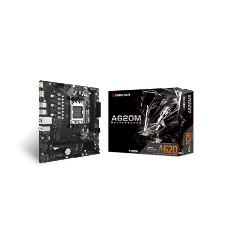 Biostar A620MS. Processor manufacturer: AMD, Processor socket: Socket AM5, Compatible processor series: AMD Ryzen 7000 Series, AMD Ryzen 8000 Series, AMD Ryzen 9000 Series. Supported memory types: DDR5-SDRAM, Maximum internal memory: 128 GB, Memory slots type: DIMM. Supported storage drive