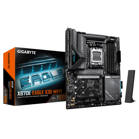 GIGABYTE X870E EAGLE X3D WIFI7. Processor manufacturer: AMD, Processor socket: Socket AM5, Compatible processor series: AMD Ryzen 7000 Series, AMD Ryzen 8000 Series, AMD Ryzen 9000 Series. Supported memory types: DDR5-SDRAM, Maximum internal memory: 256 GB, Memory slots type: DIMM. Supported storage