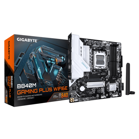GIGABYTE B840M GAMING PLUS WIFI6E. Processor manufacturer: AMD, Processor socket: Socket AM5, Compatible processor series: AMD Ryzen  7000 Series, AMD Ryzen 8000 Series, AMD Ryzen 9000 Series. Supported memory types: DDR5-SDRAM, Maximum internal memory: 256 GB, Memory slots type: DIMM. Supported