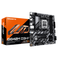GIGABYTE B840M D3HP. Processor manufacturer: AMD, Processor socket: Socket AM5, Compatible processor series: AMD Ryzen 7000 Series, AMD Ryzen 8000 Series, AMD Ryzen 9000 Series. Supported memory types: DDR5-SDRAM, Maximum internal memory: 256 GB, Memory slots type: DIMM. Supported storage drive