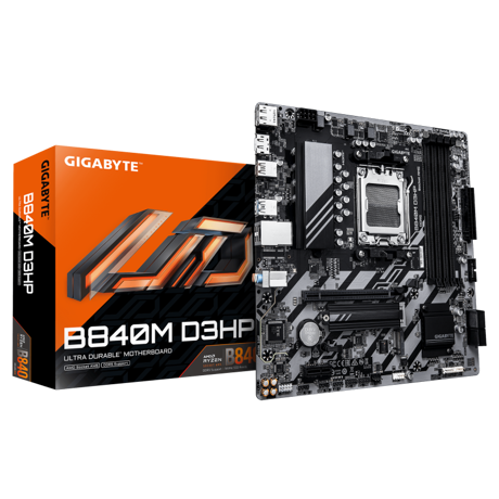 GIGABYTE B840M D3HP. Processor manufacturer: AMD, Processor socket: Socket AM5, Compatible processor series: AMD Ryzen 7000 Series, AMD Ryzen 8000 Series, AMD Ryzen 9000 Series. Supported memory types: DDR5-SDRAM, Maximum internal memory: 256 GB, Memory slots type: DIMM. Supported storage drive