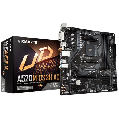 Placa de Baza GIGABYTE A520M DS3H AC AM4, 4x DDR4, 1x PCIE 3.0 x16 2x PCIE 3.0 x1, 1x M.2, 4x SATA 6GB/s, mATX