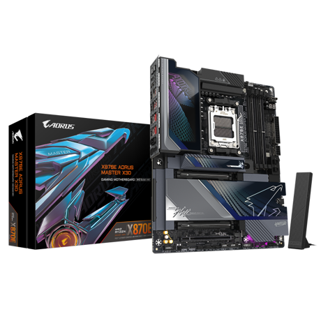 GIGABYTE X870E AORUS MASTER X3D. Processor manufacturer: AMD, Processor socket: Socket AM5, Compatible processor series: AMD Ryzen 7000 Series, AMD Ryzen 8000 Series, AMD Ryzen 9000 Series. Supported memory types: DDR5-SDRAM, Maximum internal memory: 256 GB, Memory slots type: DIMM. Supported