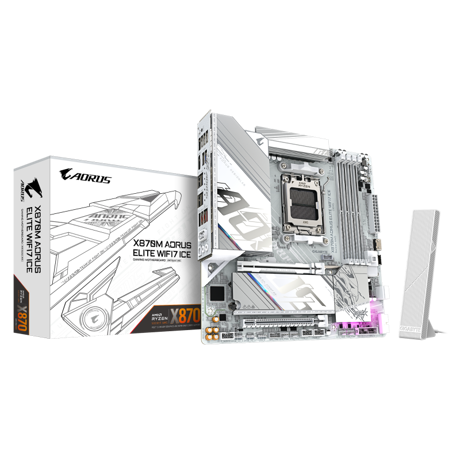 GIGABYTE X870M AORUS ELITE WIFI7 ICE. Processor manufacturer: AMD, Processor socket: Socket AM5, Compatible processor series: AMD Ryzen 7000 Series, AMD Ryzen 8000 Series, AMD Ryzen 9000 Series. Supported memory types: DDR5-SDRAM, Maximum internal memory: 256 GB, Memory slots type: DIMM. Supported