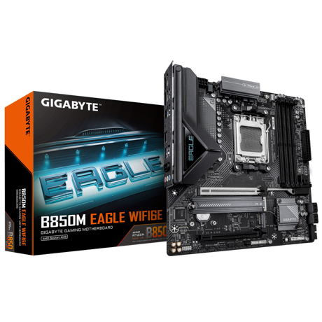 GIGABYTE B850M EAGLE WIFI6E. Processor manufacturer: AMD, Processor socket: Socket AM5, Compatible processor series: AMD Ryzen 7000 Series, AMD Ryzen 8000 Series, AMD Ryzen 9000 Series. Supported memory types: DDR5-SDRAM, Maximum internal memory: 256 GB, Memory slots type: DIMM. Supported storage