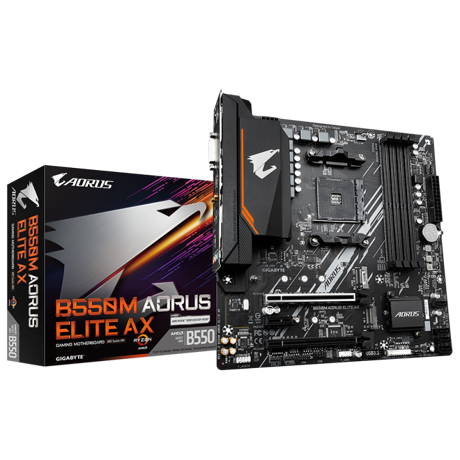 Placa de Baza GIGABYTE B550M AORUS ELITE AX AM4, 4x DDR4, 1x DVI-D 1x HDMI, 1x PCIE 4.0 x16 1x PCIE 3.0 x4 1x PCIE 3.0 x1, 2x M.2, 4x SATA 6GB/s, mATX