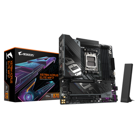 GIGABYTE X870M AORUS ELITE WIFI7. Processor manufacturer: AMD, Processor socket: Socket AM5, Compatible processor series: AMD Ryzen 7000 Series, AMD Ryzen 8000 Series, AMD Ryzen 9000 Series. Supported memory types: DDR5-SDRAM, Maximum internal memory: 256 GB, Memory slots type: DIMM. Supported