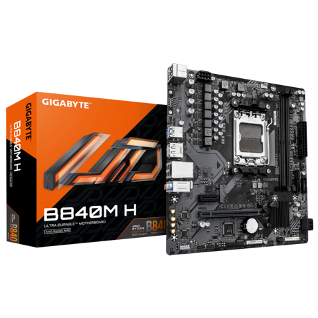 GIGABYTE B840M H. Processor manufacturer: AMD, Processor socket: Socket AM5, Compatible processor series: AMD Ryzen 7000 Series, AMD  Ryzen 8000 Series, AMD Ryzen 9000 Series. Supported memory types: DDR5-SDRAM, Maximum internal memory: 128 GB, Memory slots type: DIMM. Supported storage drive