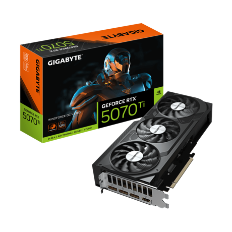 GIGABYTE GeForce RTX 5070 Ti WINDFORCE OC V2 16G. Graphics processor family: NVIDIA, Graphics processor: GeForce RTX 5070 Ti, Processor frequency: 2497 MHz. Discrete graphics card memory: 16 GB, Graphics card memory type: GDDR7, Memory bus: 256 bit, Memory clock speed: 2800 MHz. Maximum resolution