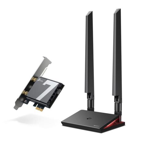 ARCHER TBE550E BE9300 Tri-Band Wi-Fi 7 Bluetooth PCI Express Adapter SPEED: 5760 Mbps at 6 GHz + 2880 Mbps at 5 GHz + 688 Mbps at 2.4 GHz SPEC: 2× High Gain Tri-Band External Antennas,  Include High Gain Tri- Band Antennas with Extension Cable & Magnet Base, Multicolor LED, USB Drive FEATURE: Wi-Fi 7, MLO