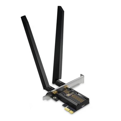 ARCHER TBE552E BE9300 Tri-Band Wi-Fi 7 Bluetooth PCI Express Adapter SPEED: 5760 Mbps at 6 GHz + 2880 Mbps at 5 GHz + 688 Mbps at 2.4 GHz SPEC: 2× High Gain Tri-Band External Antennas FEATURE: Wi-Fi 7, MLO, Multi-RU, 4096 QAM, 320MHz, MU-MIMO, OFDMA, WPA3, Bluetooth 5.4