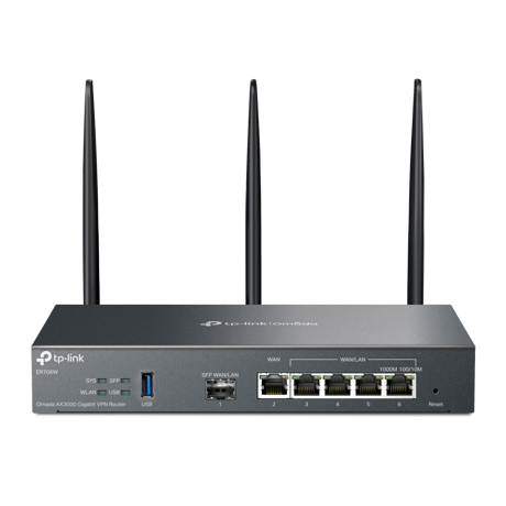 Omada AX3000 Wi-Fi 6 Gigabit VPN Router PORT: 1× Gigabit SFP WAN/LAN Port, 1× Gigabit RJ45 WAN Port, 4× Gigabit WAN/LAN RJ45 Ports, 1× USB 3.0 SPEED: 574Mbps at 2.4 GHz + 2402 Mbps at 5 GHz (HE160) FEATURE: Integration with Omada SDN Controller, Support SSL VPN, OpenVPN and Wireguard/ IPsec/ PPTP/