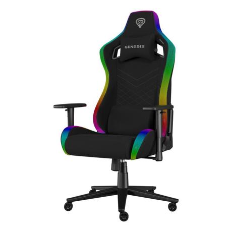 Scaun gaming Genesis TRIT 660, material textil, iluminare RGB, reglabil pe inaltime, greutate maxima suportata 150 kg, inaltime scaun reglabil 45 - 52 cm, spatar ajustabil 160°, dimensiuni roti 60mm,  echipat cu piston cu gaz clasa 4, manere 2D, negru