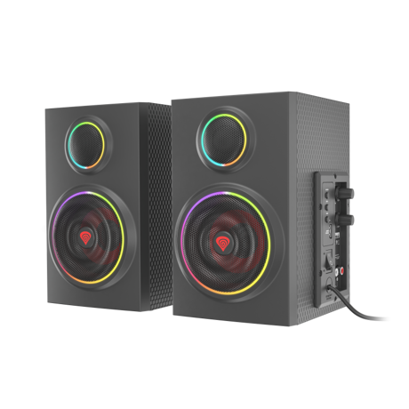 Sistem audio 2.0 Genesis HELIUM 300BT, putere totala RMS 24 W, frecventa raspuns 100 - 20000 Hz, material lemn, iluminare ARGB, negru