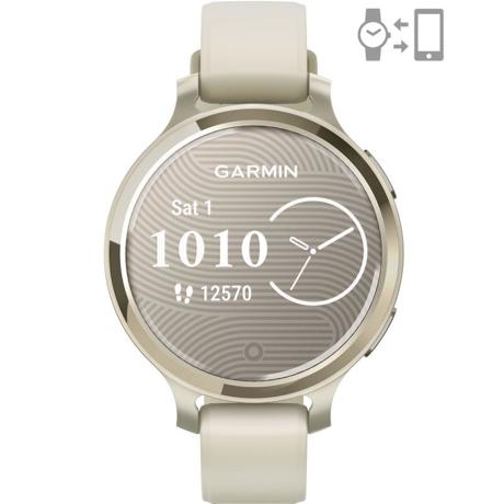 Ceas Garmin Lily 2 Active, display AMOLED, dimensiune afisaj 25,4 mm x 21,3 mm, rezolutie afisaj 240 x 201 pixeli, memorie 8GB, autonomie pana la 9 zile, rezistanta la apa pana la 5 ATM, greutate: 24,4g, ramă MLunar Glod şi curea Bone din silicon