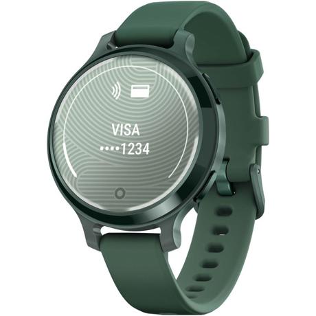 Ceas Garmin Lily 2 Active, display AMOLED, dimensiune afisaj 25,4 mm x 21,3 mm,rezolutie afisaj 240 x 201 pixeli, memorie 8GB, autonomie pana la 9 zile, rezistanta la apa pana la 5 ATM, greutate: 24,4g, ramă Jasper Green şi curea Jasper Green din silicon