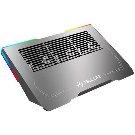 Cooler laptop Tellur Shade, pentru laptpori cu dimensiunea de 17", 3 ventilatoare, conexiune USB-A sau USB-C plug and play, iluminare RGB LED, gri