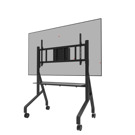 Stand podea mobil/fix Neomounts FL50-575BL1; pentru display-uri cu diagonale 65"-110", sistem de prindere VESA 100x100~1100x600, greutate maxima suportata 125kg, fix, inaltime reglabila manual 1290-1360mm (4 presetari); polita AV max load 10kg, rack AV, management cabluri, 2 stalpi; pre-asamblat