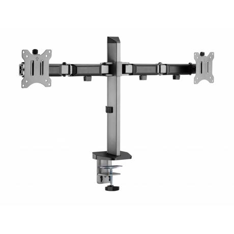 Suport 2 monitoare Serioux MM55-C024, compatibilitate  dimensiune ecran 17"-32",  greutate maximă suportata: (per ecran): 9kg, VESA: 75x75, 100x100, inclinare: +70°~-70°, pivotare: +90°~-90°, rotația ecranului: + 180°~-180°, instalare: clemă, grommet, grosime recomandată pentru birou: clemă: 10~85mm
