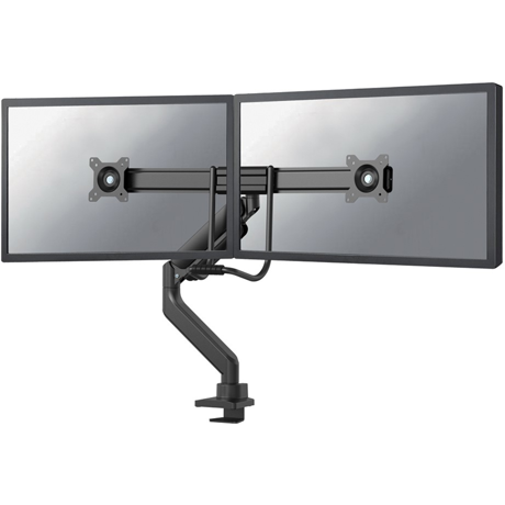 Brat dublu pentru monitor Neomounts, tip full motion, pentru display-uri cu diagonale 17"-32", sistem de prindere VESA 75x75~100x100mm, greutate maxima suportata 8kg per ecran, tilt  +10°, -10°, swivel +90°, -90°, rotate +180°, -180°, reglabil pe inaltime 28cm, ajustarea latimii 54cm, ajustarea