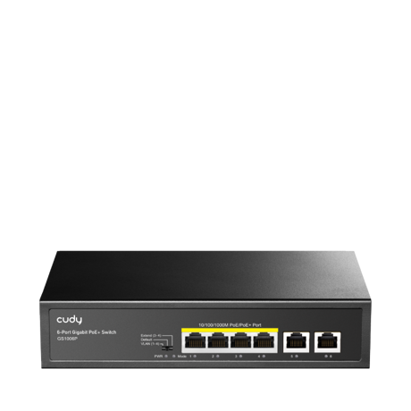 CUDY 6-Port 10/100/1000M PoE+ Switch, 4-Port 10/100/1000 BASE-T Gigabit PoE+ ports, 2-Port 10/100/1000 BASE-T Gigabit Uplink ports,  802.3at/af, VLAN mode support for port #1 ~ #4, Extend mode support for port #3 ~ # 4, Fanless, ±4KV Surge Protection,Watchdog, 65W internal