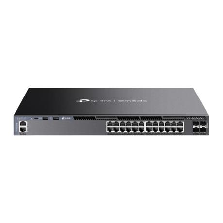 Omada 24-Port Gigabit Stackable L3 Managed Switch with 4 10GE SFP+ Slots PORT: 24× Gigabit RJ45 Ports, 4× 10G SFP+ Slots, RJ45/Type C USB Console Port, Management Port, 2× USB2.0 Ports SPEC: 1U 19-inch Rack-mountable Steel Case FEATURE: Integration with Omada SDN Controller, Stacking, RIP, OSPF