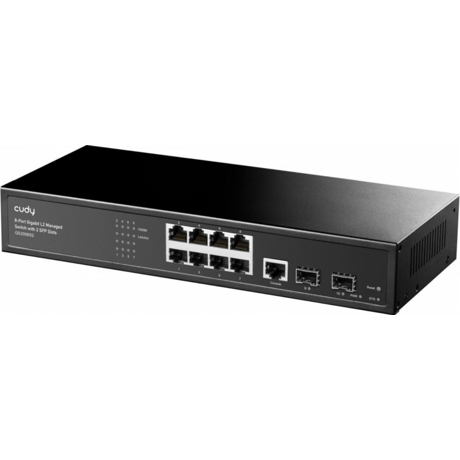 CUDY Switch Managed 8-Port Layer 2 10/100/1000M, 8x porturi Gigabit Ethernet + 2x porturi Gigabit SFP + 1 port management, backplane bandwidth 20Gbps, suporta dial-up VLAN, extensie 250 metri, functie Layer 2 network management, suport routare, DHCP, VLAN, MAC address, ACL Access control, QOS