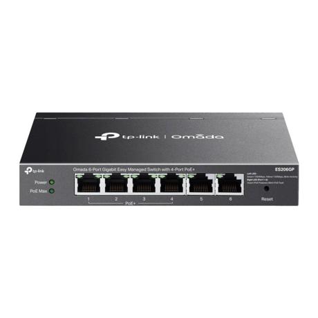 Omada 6-Port Gigabit Easy Managed Switch with 4-Port PoE+ PORT: 4× Gigabit PoE+ Ports, 2x Gigabit Non-PoE Ports SPEC: 802.3at/af, 65W PoE Power, Desktop Steel Case and Fanless FEATURE: Integration with Omada SDN Controller and Omada Cloud Essentials, Fast PoE, Perpetual PoE, Flow Control, Loopback